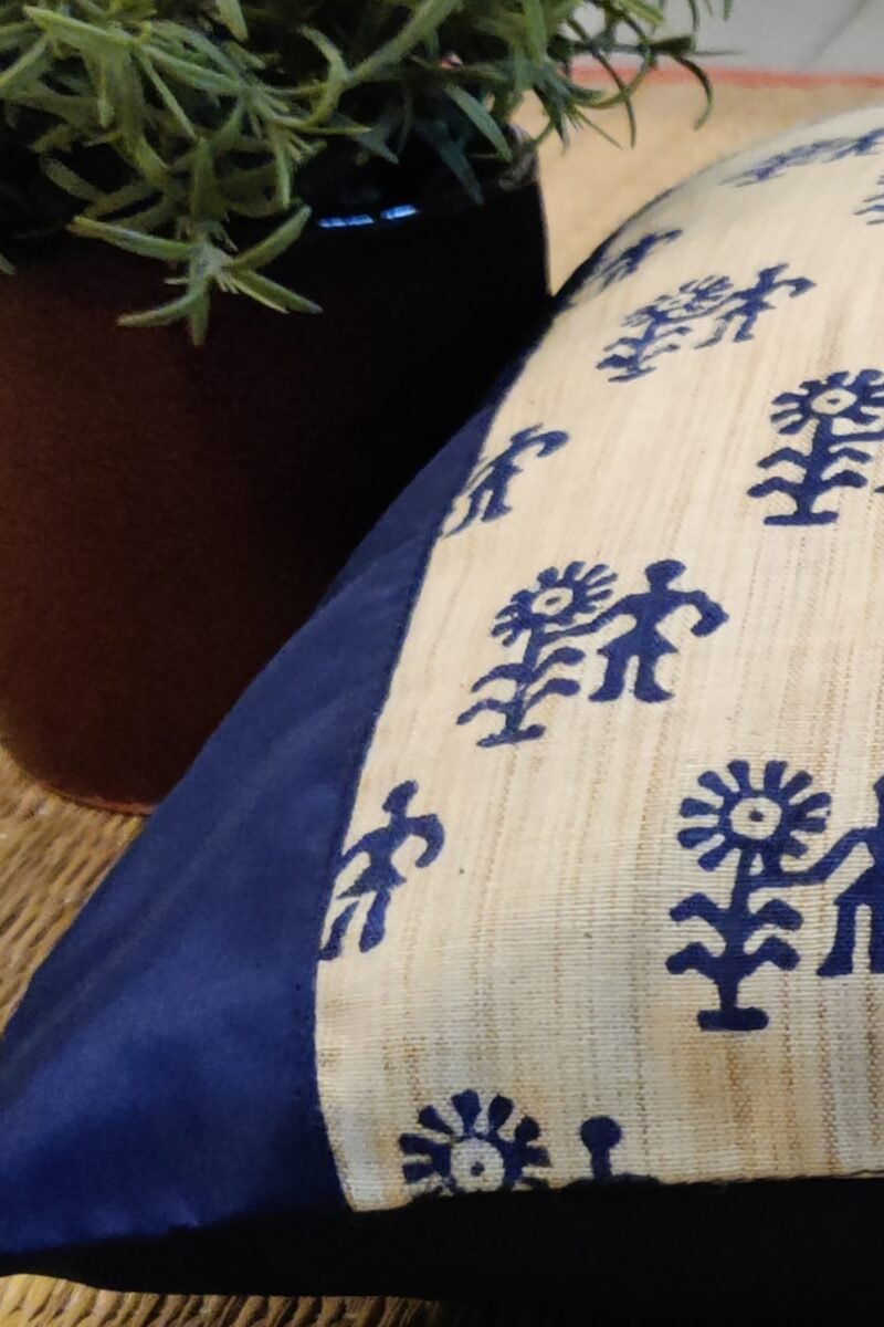 Cozy Cushion: Cream Tussar Silk With Figure and Flower Pattern in Navy Blue Cushion Cover 16" X 16" - Image 5