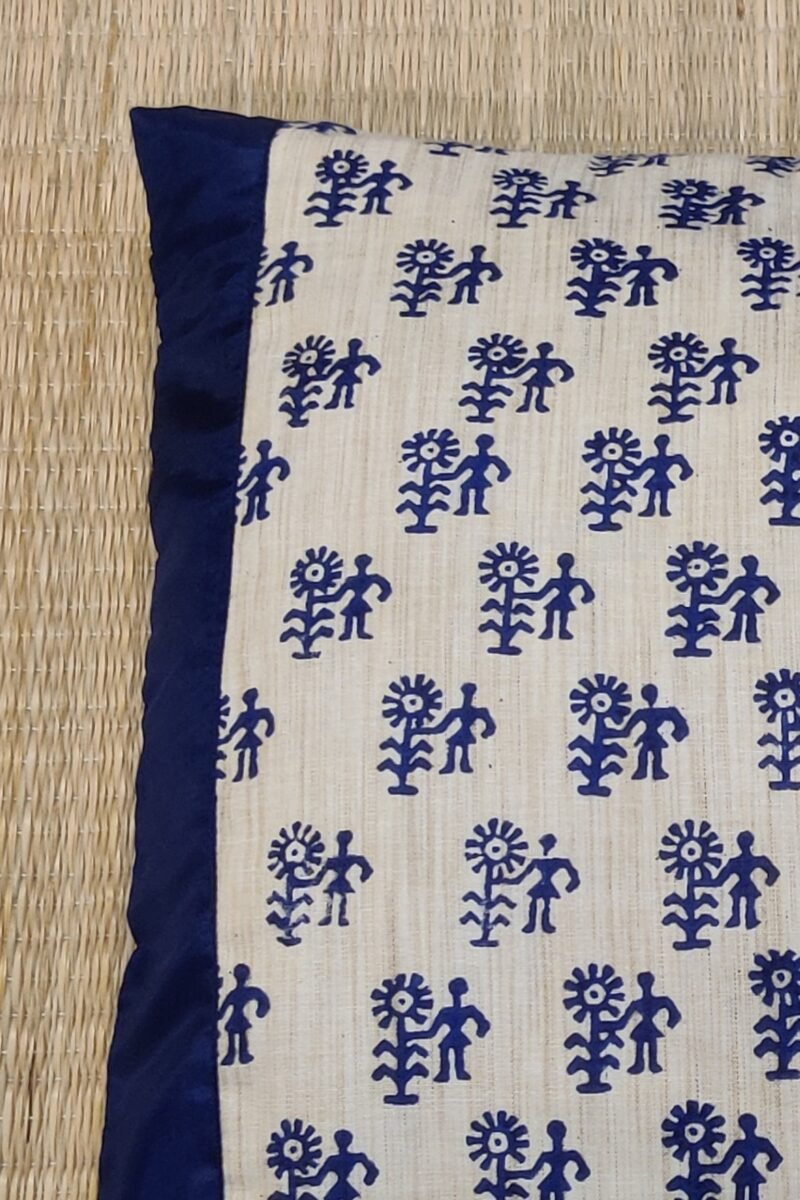 Cozy Cushion: Cream Tussar Silk With Figure and Flower Pattern in Navy Blue Cushion Cover 16" X 16" - Image 6