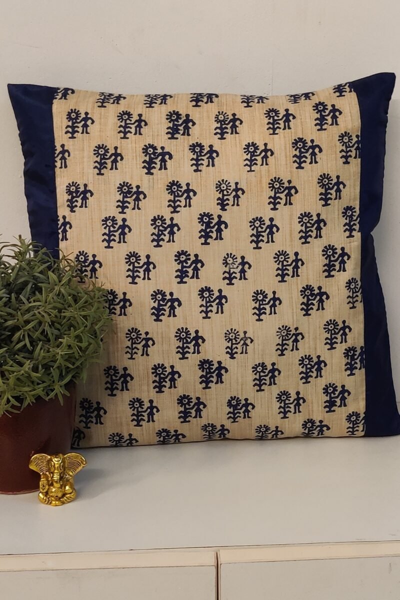 Cozy Cushion: Cream Tussar Silk With Figure and Flower Pattern in Navy Blue Cushion Cover 16" X 16"