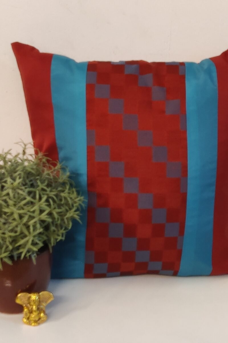 Cozy Cushion: Maroon Pattu Silk With Blue Border Cushion Cover 16" X 16" - Image 2