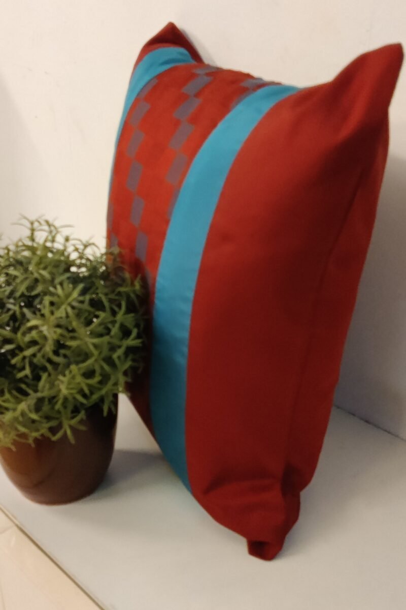 Cozy Cushion: Maroon Pattu Silk With Blue Border Cushion Cover 16" X 16" - Image 3