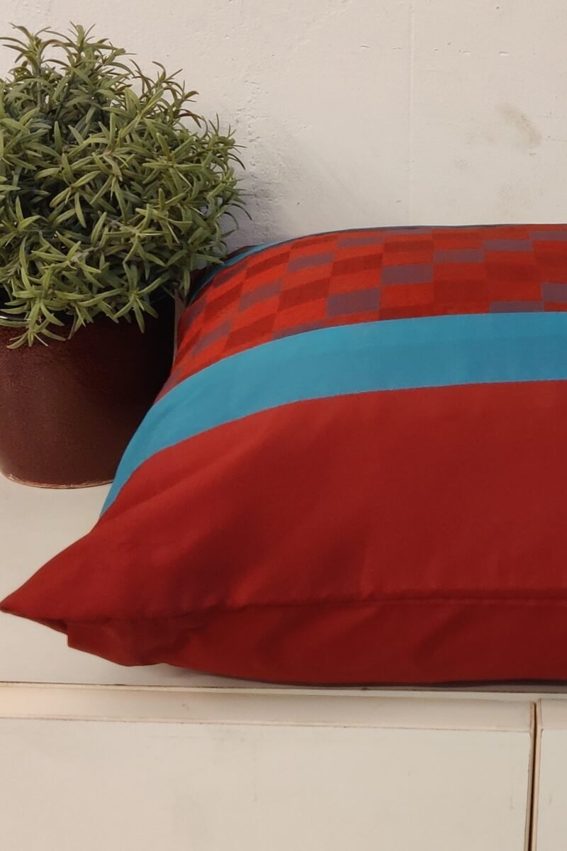 Cozy Cushion: Maroon Pattu Silk With Blue Border Cushion Cover 16" X 16" - Image 4