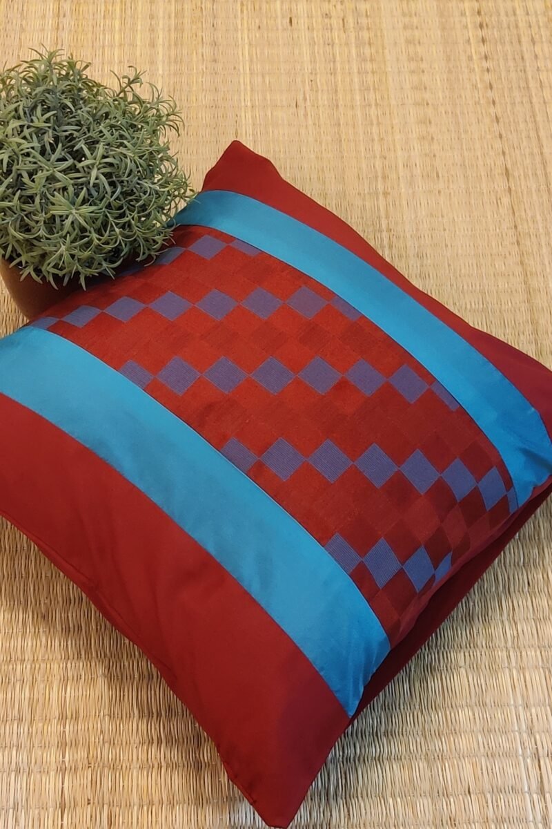 Cozy Cushion: Maroon Pattu Silk With Blue Border Cushion Cover 16" X 16"