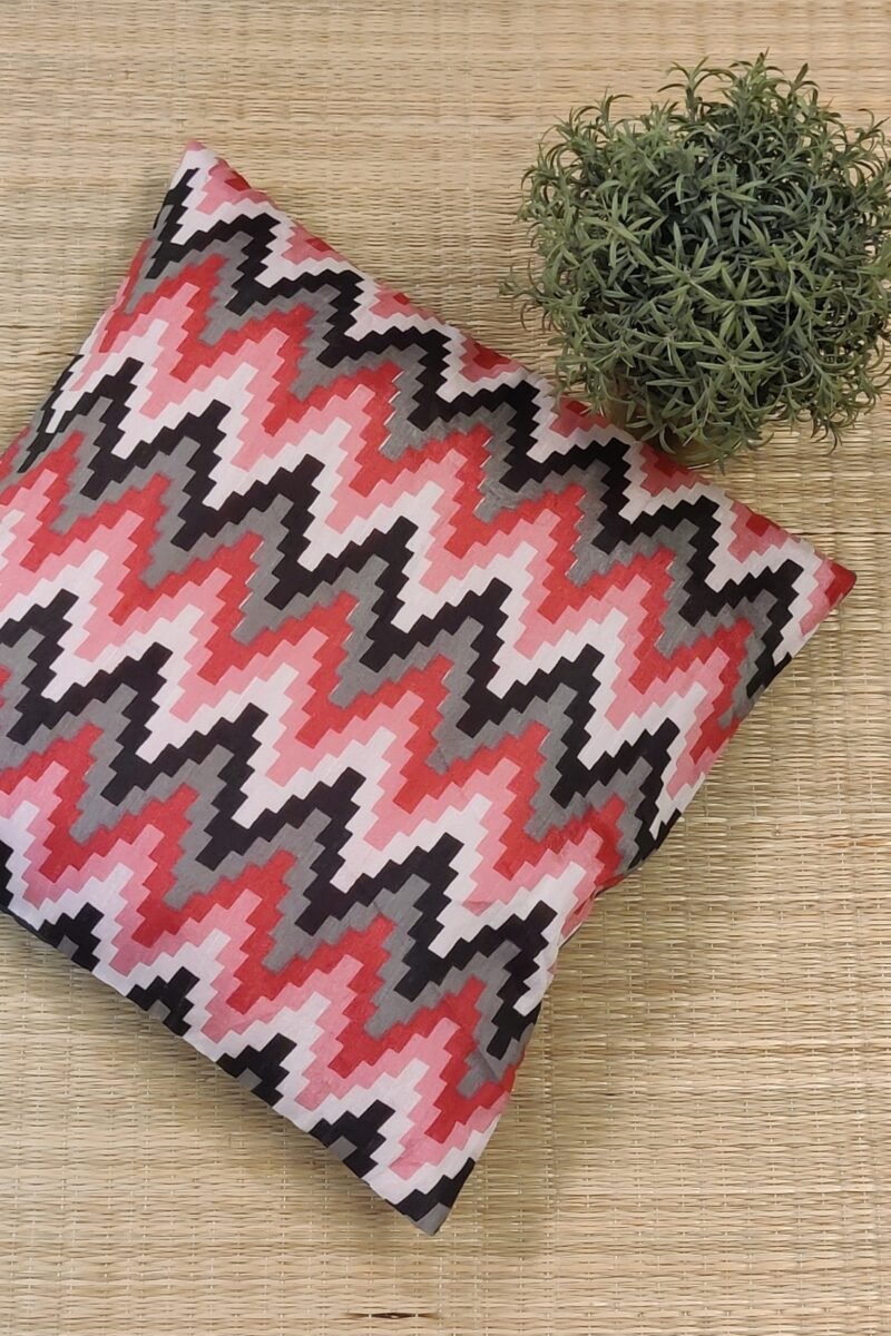 Cozy Cushion: Pink Grey and Black Pattu Silk With Digital Print Cushion Cover 16" X 16" - Image 3