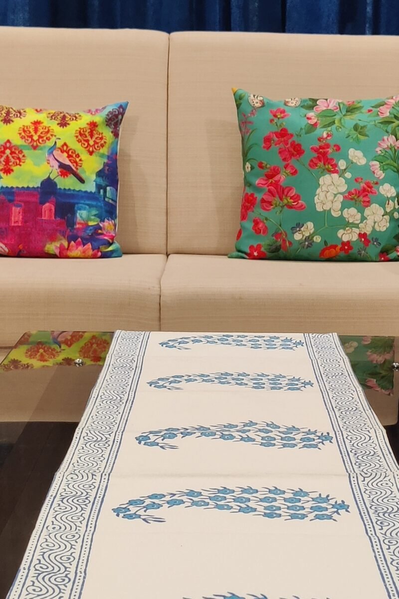 Rustic Runners: White with Blue Block Print Casement Cotton Runner 12" X 68" - Image 2