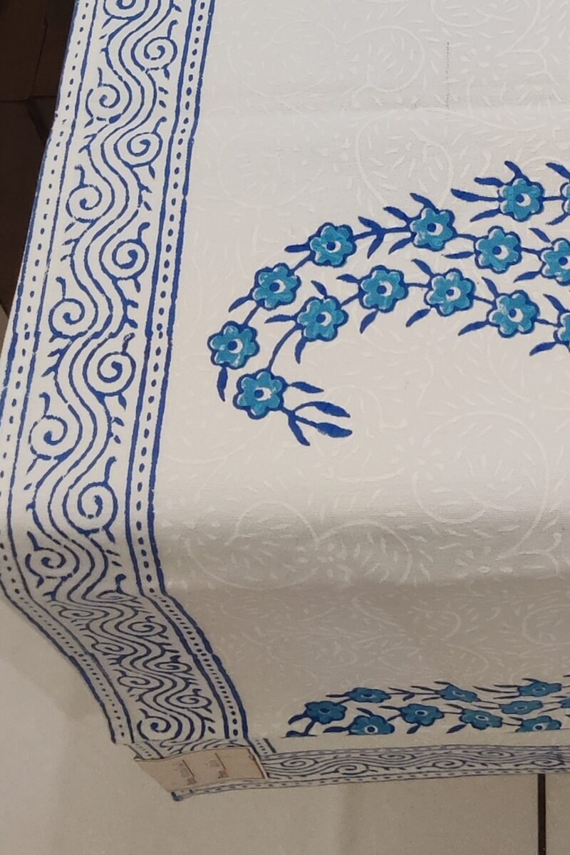 Rustic Runners: White with Blue Block Print Casement Cotton Runner 12" X 68" - Image 3