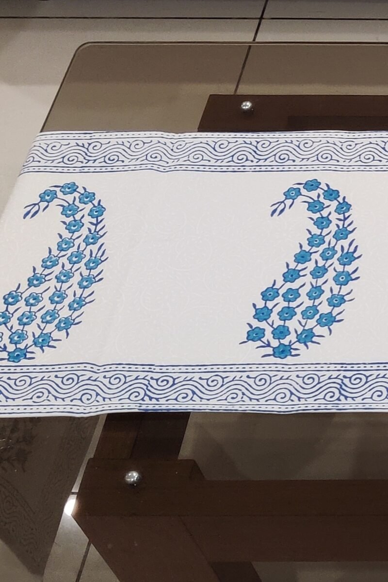 Rustic Runners: White with Blue Block Print Casement Cotton Runner 12" X 68" - Image 4