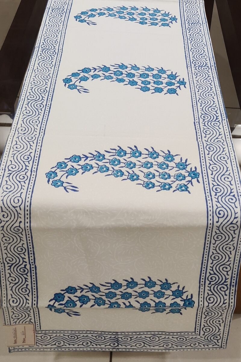 Rustic Runners: White with Blue Block Print Casement Cotton Runner 12" X 68" - Image 5