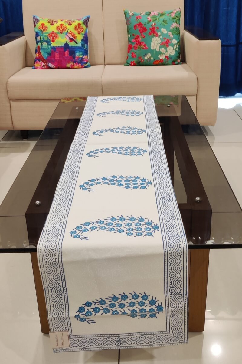 Rustic Runners: White with Blue Block Print Casement Cotton Runner 12" X 68"