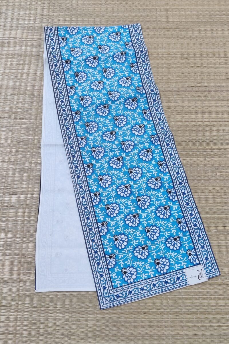 Rustic Runners: Copper Sulphate Blue with Flowers Block Print Casement Cotton Runner 13" X 74" - Image 2