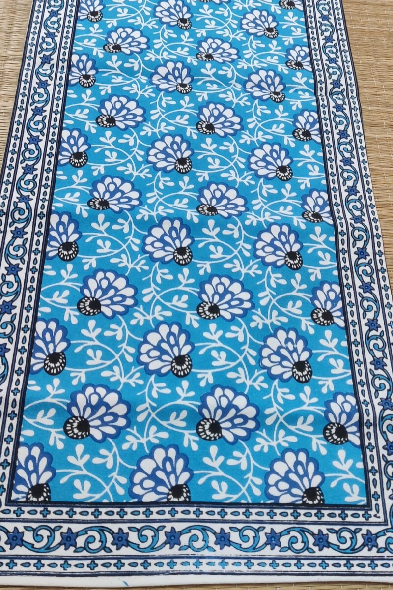 Rustic Runners: Copper Sulphate Blue with Flowers Block Print Casement Cotton Runner 13" X 74" - Image 3