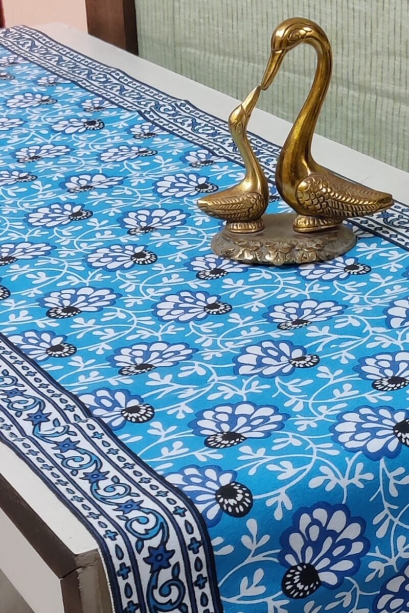Rustic Runners: Copper Sulphate Blue with Flowers Block Print Casement Cotton Runner 13" X 74" - Image 5