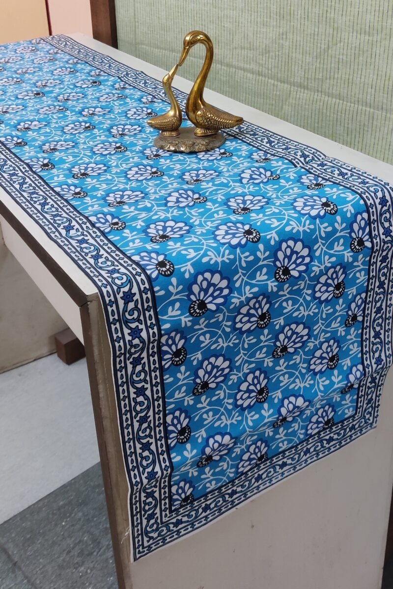 Rustic Runners: Copper Sulphate Blue with Flowers Block Print Casement Cotton Runner 13" X 74"