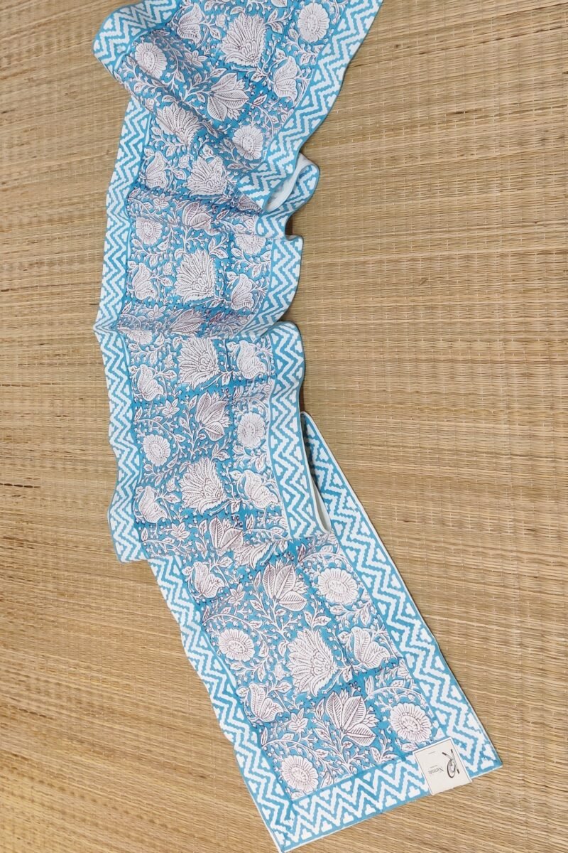 Rustic Runners: Copper Sulphate Blue with Big Fan Shape Flowers Block Print Casement Cotton Runner 13" X 74" - Image 4