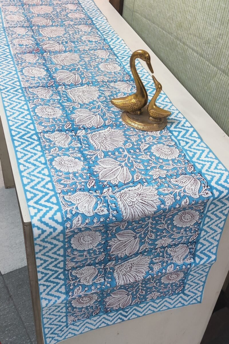 Rustic Runners: Copper Sulphate Blue with Big Fan Shape Flowers Block Print Casement Cotton Runner 13" X 74"