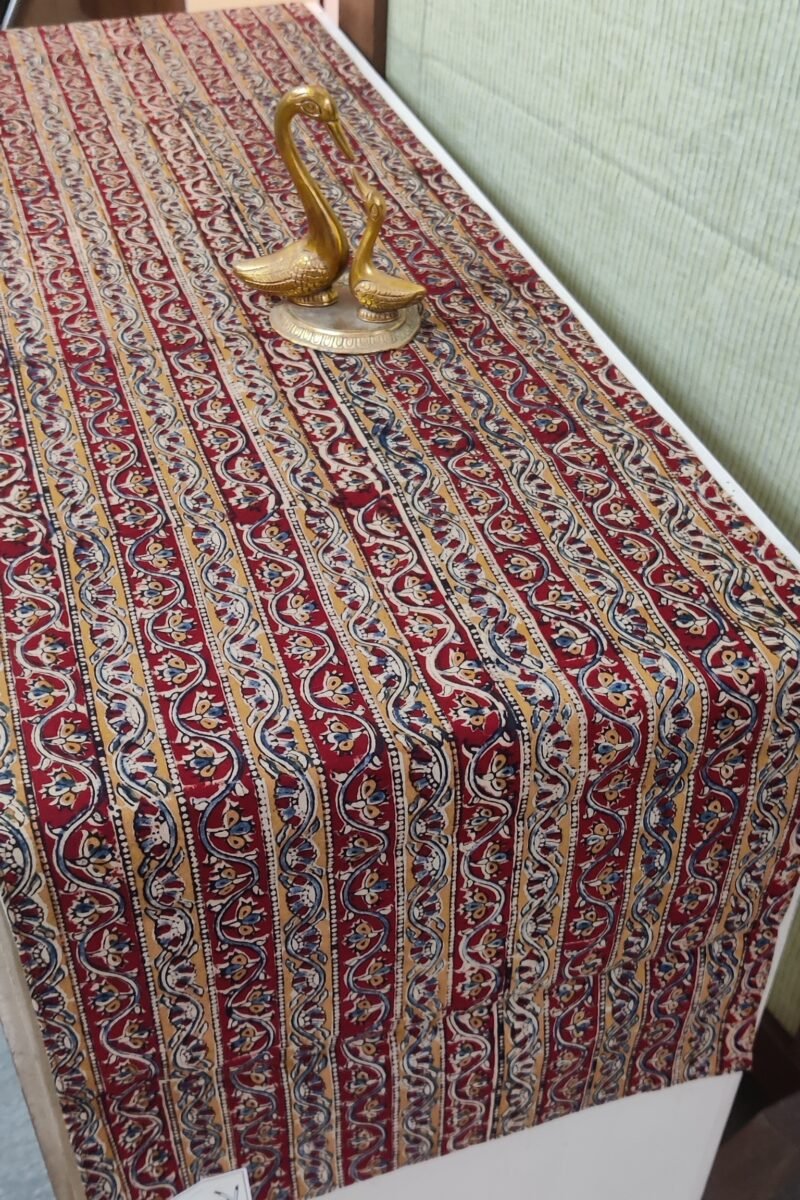 Rustic Runners: Maroon and Yellow Flower and Stem Kalamkari Print Cotton Runner 14" X 58"