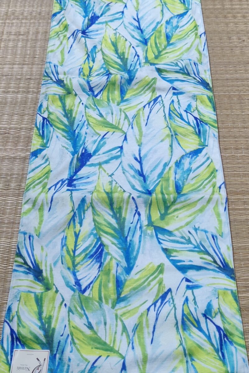 Rustic Runners: White and Blue with Leaf Print Polyester Runner 14" X 92" - Image 4