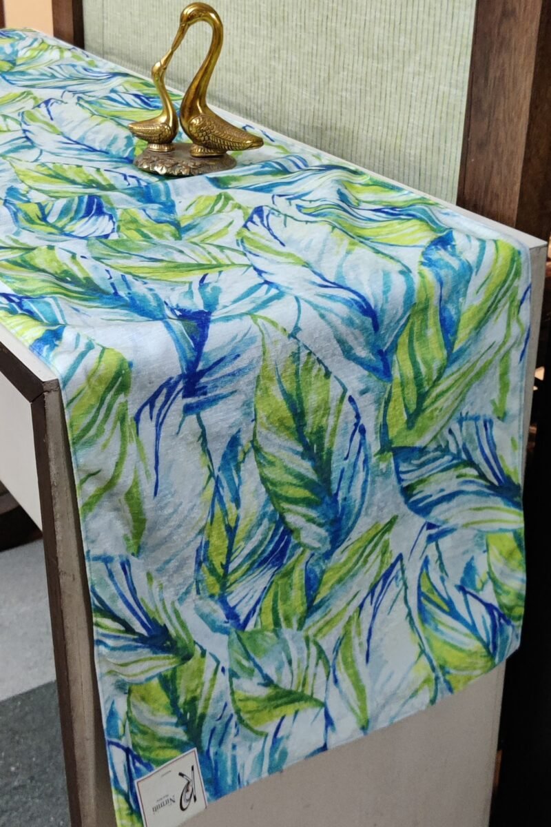 Rustic Runners: White and Blue with Leaf Print Polyester Runner 14" X 92"