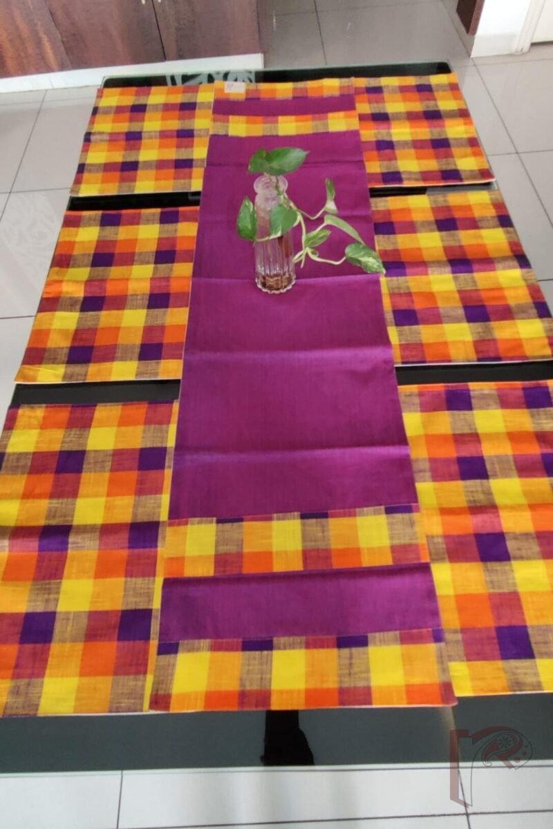 Rustic Runners: Purple Handloom Cotton Table Runner Set with Orange-Yellow Mangalgiri Check Borders – 6 Mats and 1 Runner