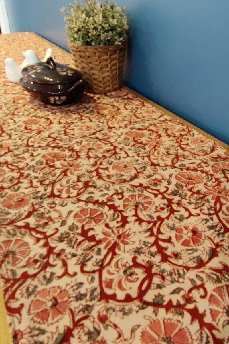 Rustic Runners: Fawn and Rust Flower Kalamkari Printed Cotton Runner 14" X 97" - Image 3