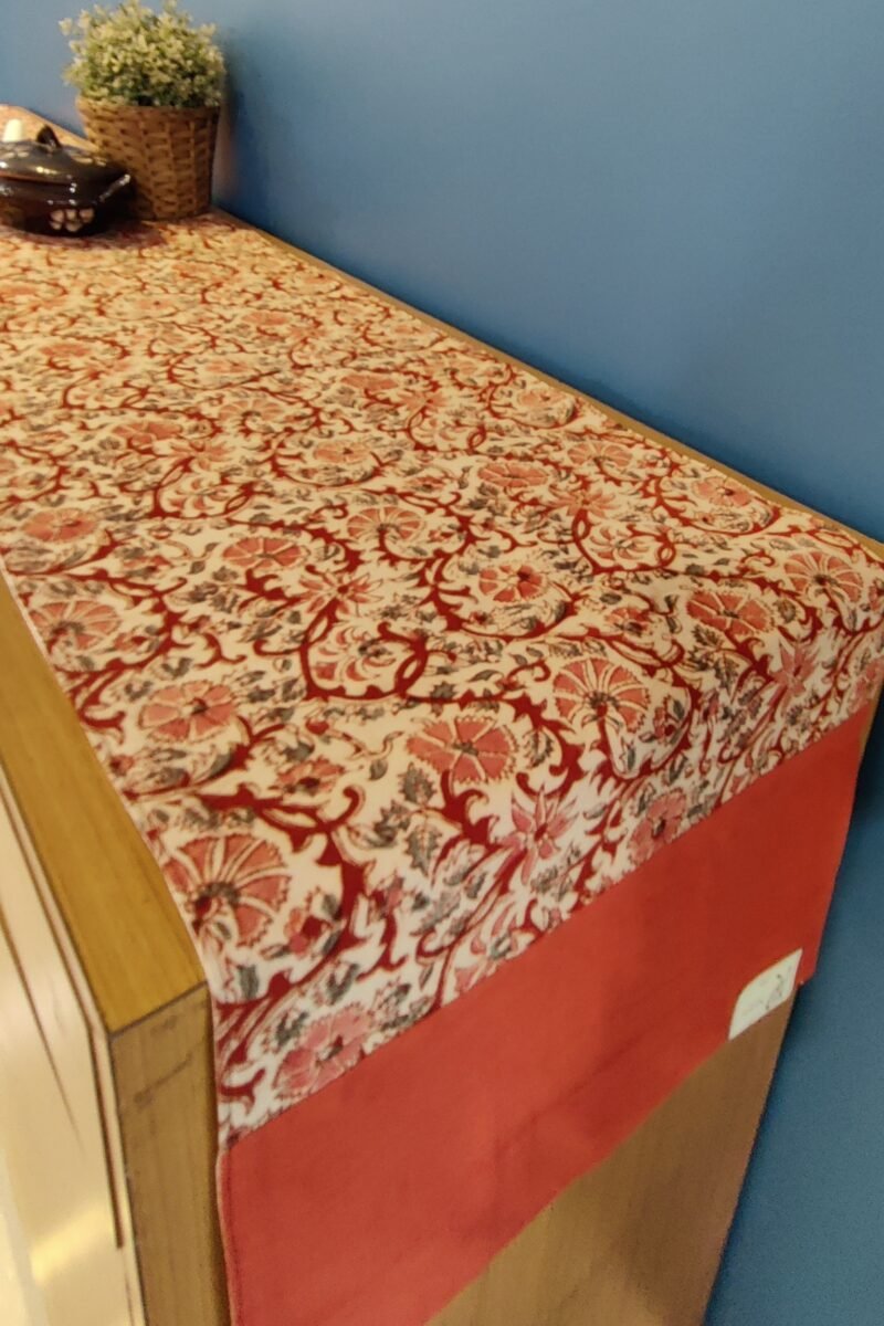 Rustic Runners: Fawn and Maroon Kalamkari Flower and Stem Printed Cotton Runner 14" X 91"