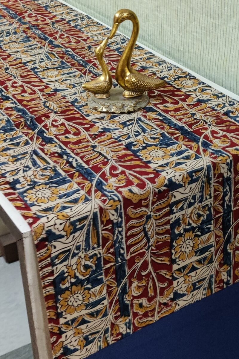 Rustic Runners: Red and Blue Kalamkari Creeper Printed Cotton Runner 14" X 75" - Image 5