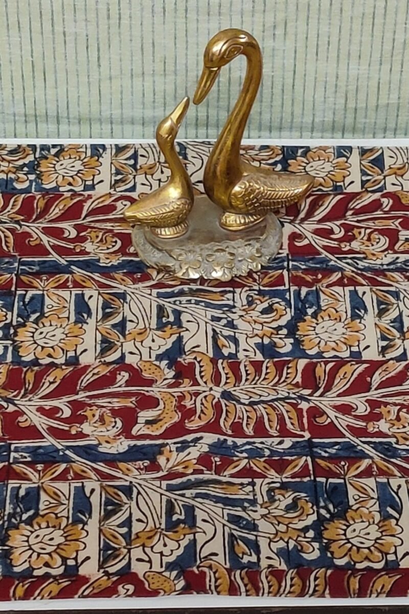 Rustic Runners: Red and Blue Kalamkari Creeper Printed Cotton Runner 14" X 75" - Image 6