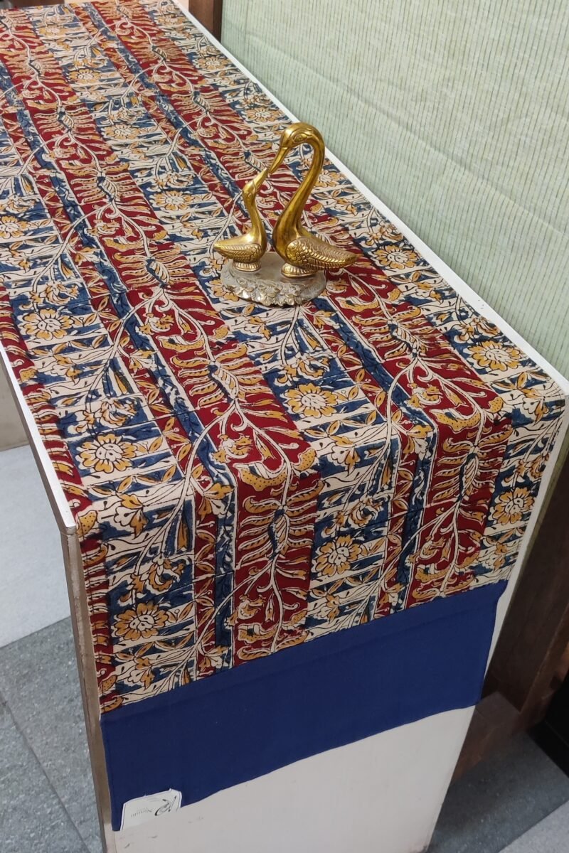 Rustic Runners: Red and Blue Kalamkari Creeper Printed Cotton Runner 14" X 75"
