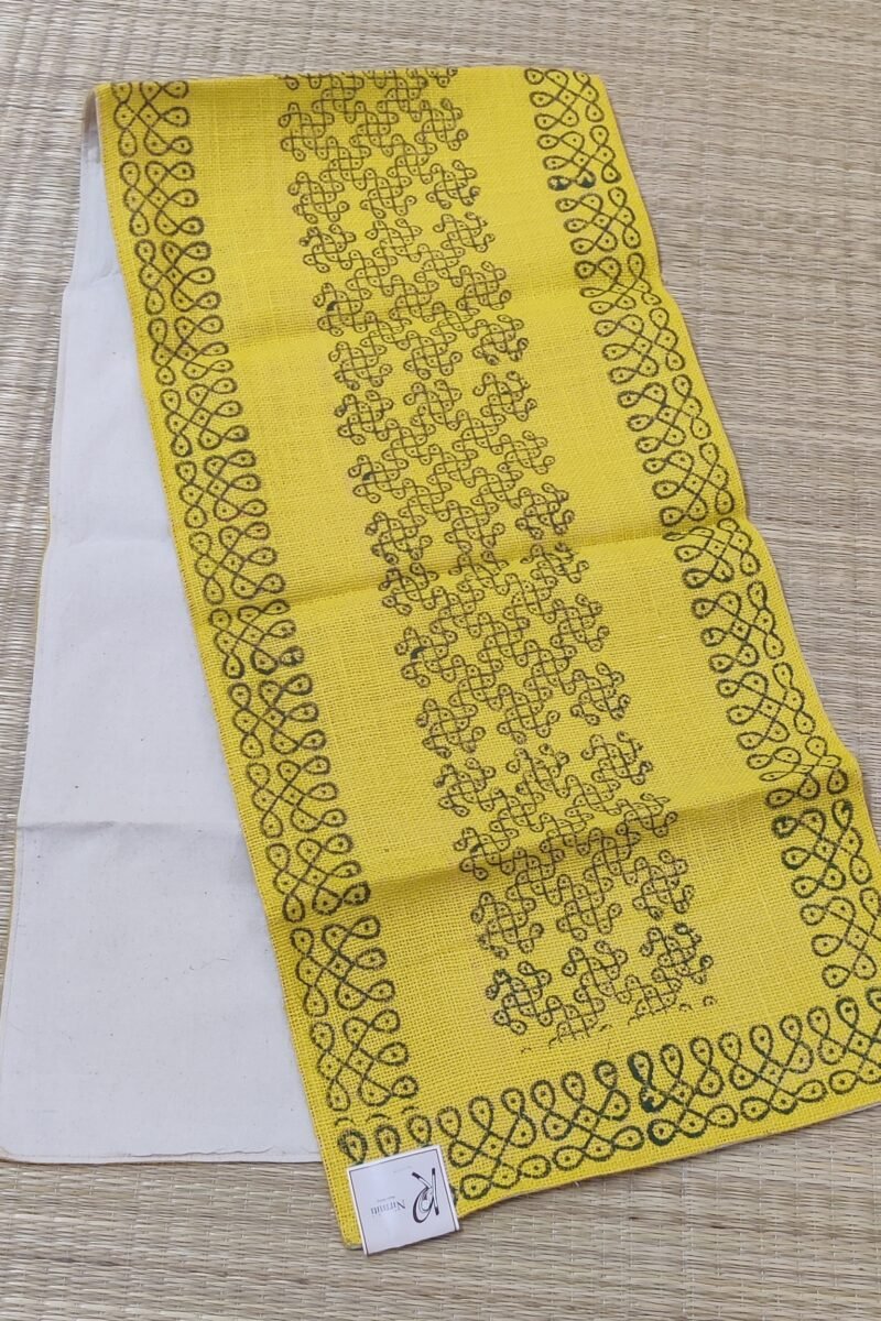 Rustic Runners: Yellow with Traditional Dot Rangoli Print Natural Jute Cotton Runner 14" X 60" - Image 2