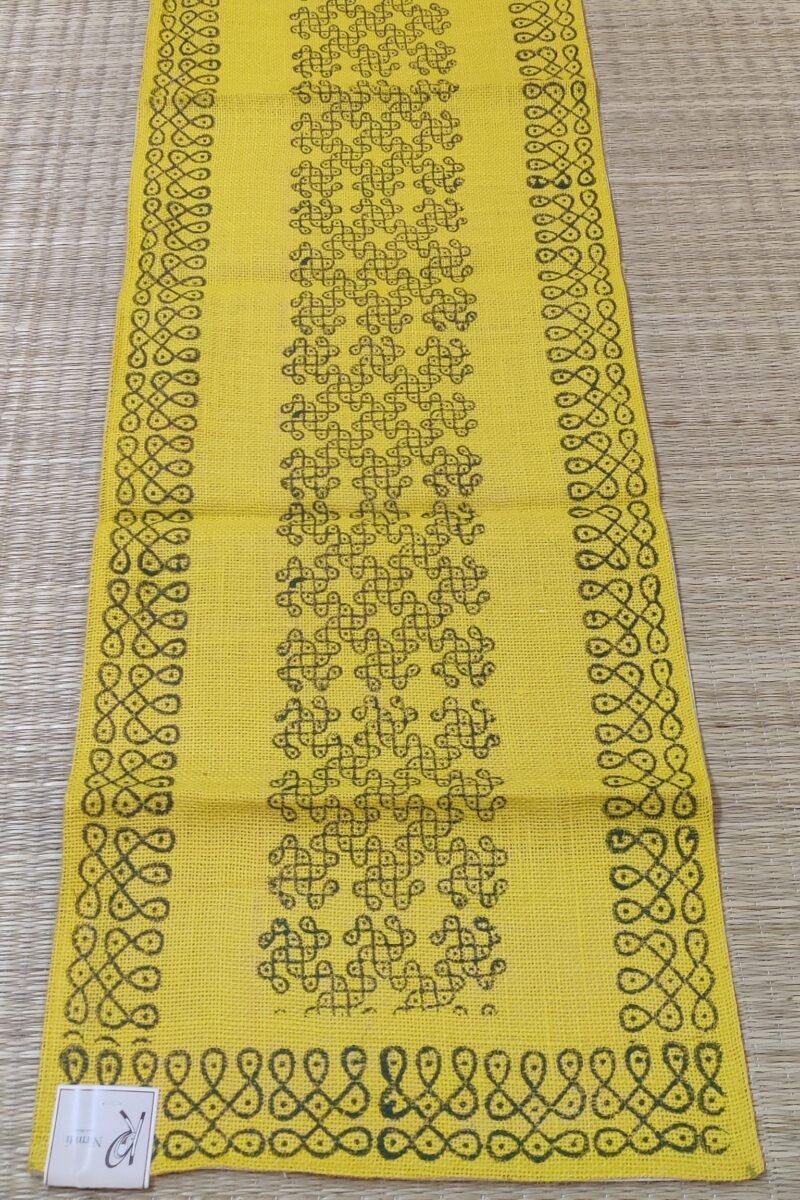 Rustic Runners: Yellow with Traditional Dot Rangoli Print Natural Jute Cotton Runner 14" X 60" - Image 3