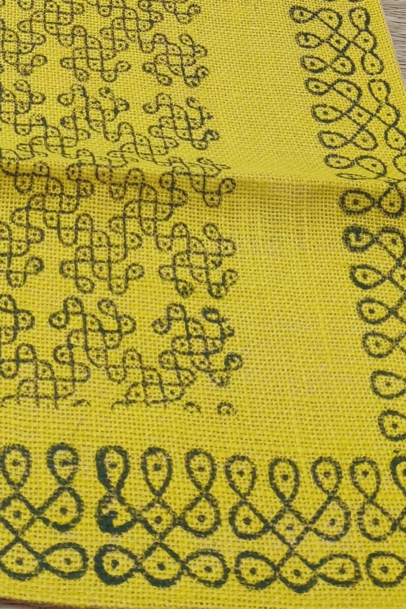 Rustic Runners: Yellow with Traditional Dot Rangoli Print Natural Jute Cotton Runner 14" X 60" - Image 5