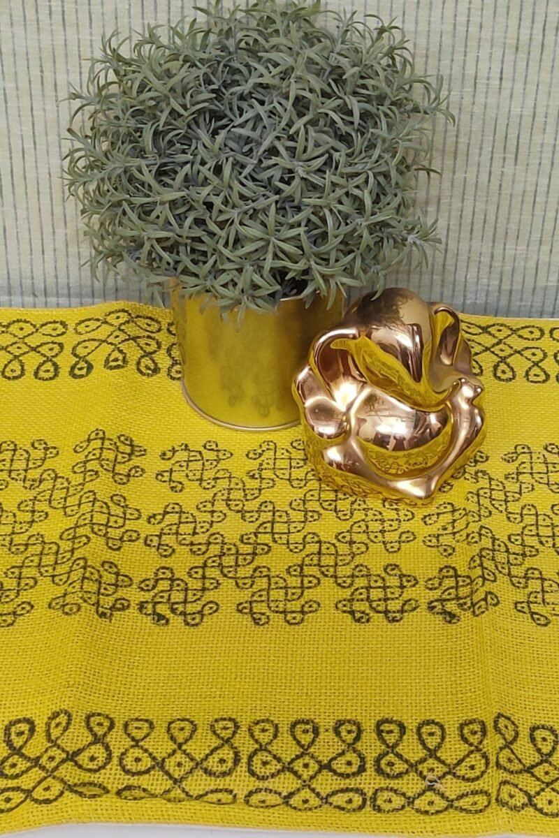 Rustic Runners: Yellow with Traditional Dot Rangoli Print Natural Jute Cotton Runner 14" X 60" - Image 6