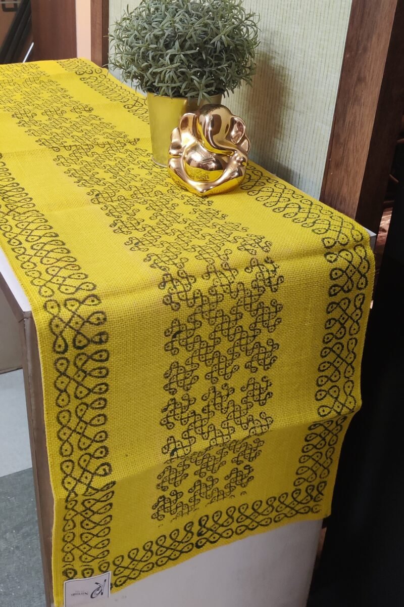 Rustic Runners: Yellow with Traditional Dot Rangoli Print Natural Jute Cotton Runner 14" X 60"