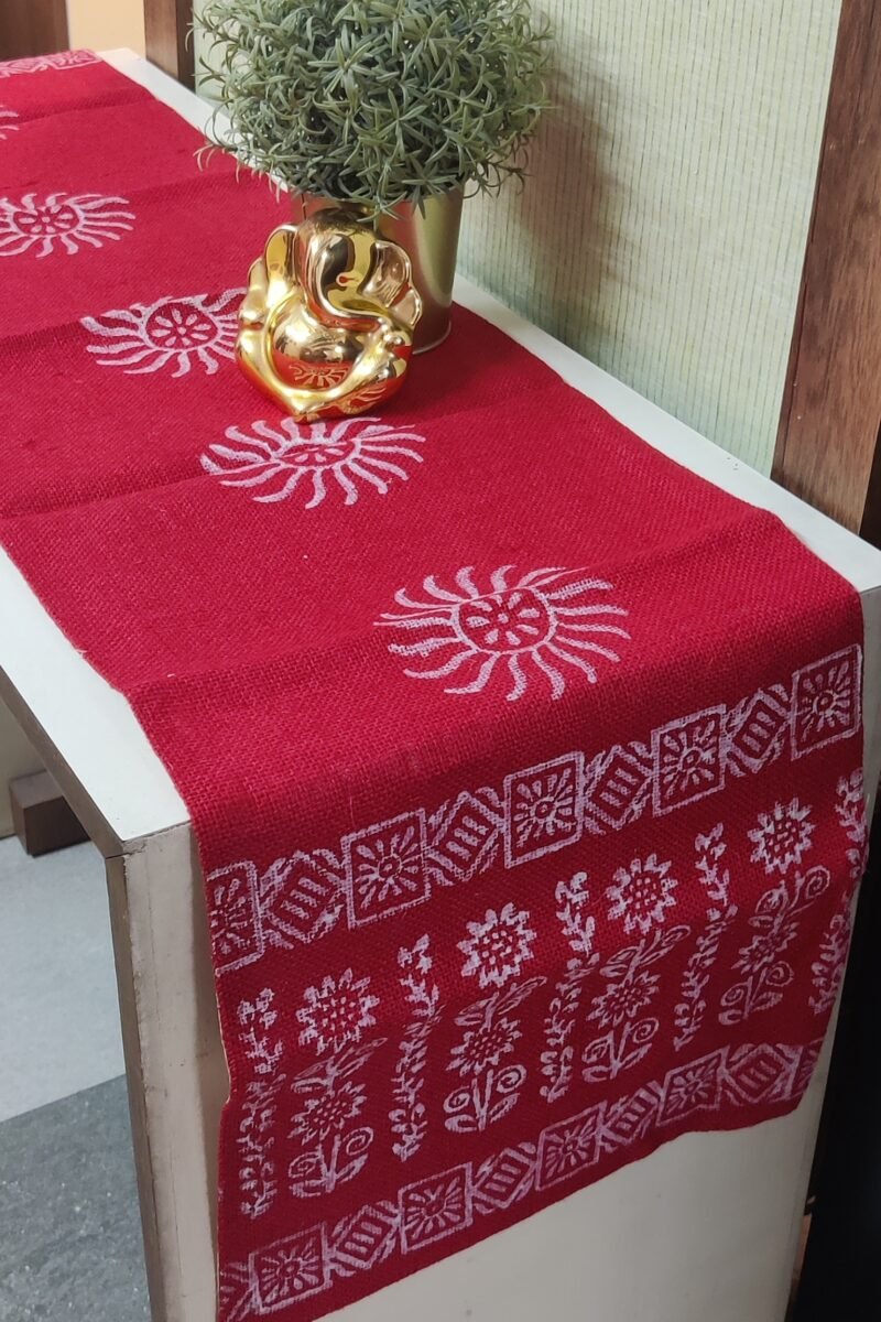 Rustic Runners: Red with White Sun Block Print Natural Jute Cotton Runner 13" X 58"