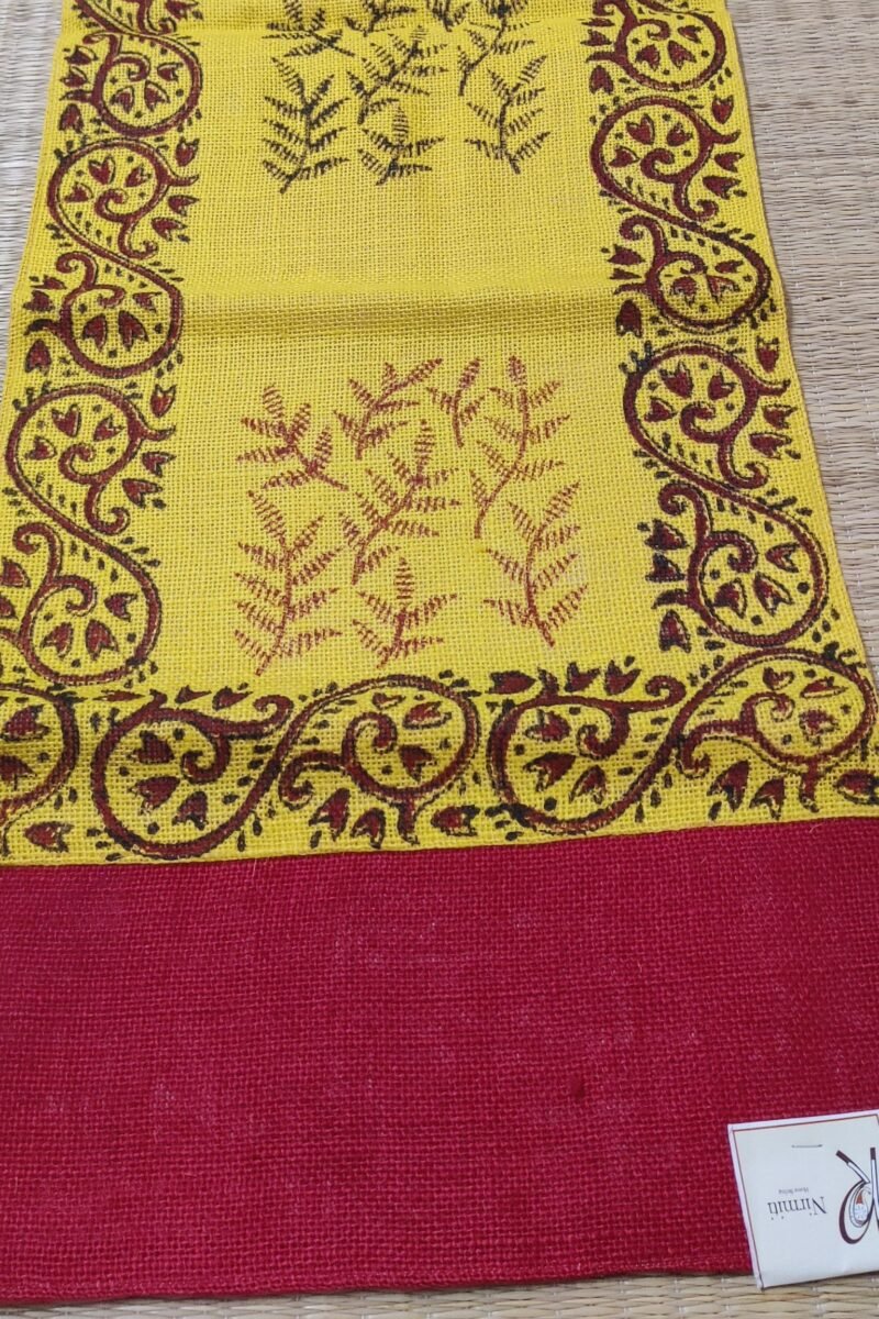 Rustic Runners: Yellow and Red Block Printed Natural Jute Cotton Runner 14" X 59" - Image 3