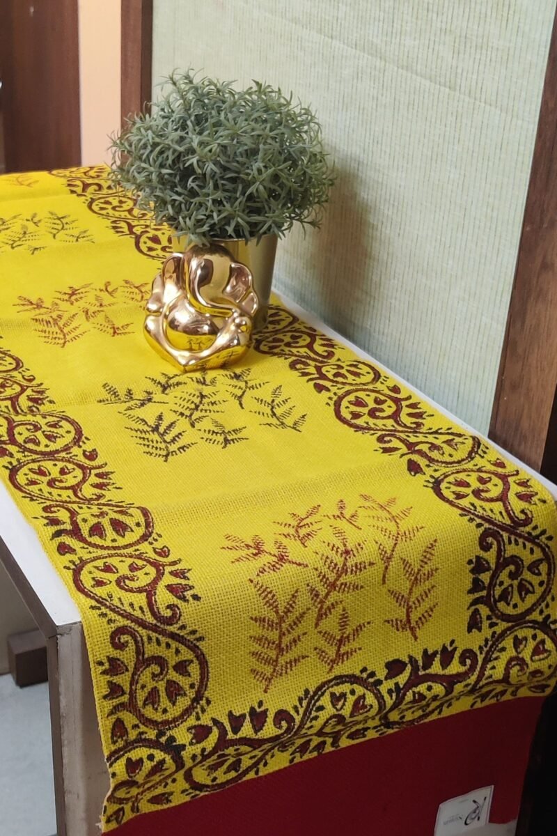 Rustic Runners: Yellow and Red Block Printed Natural Jute Cotton Runner 14" X 59" - Image 5