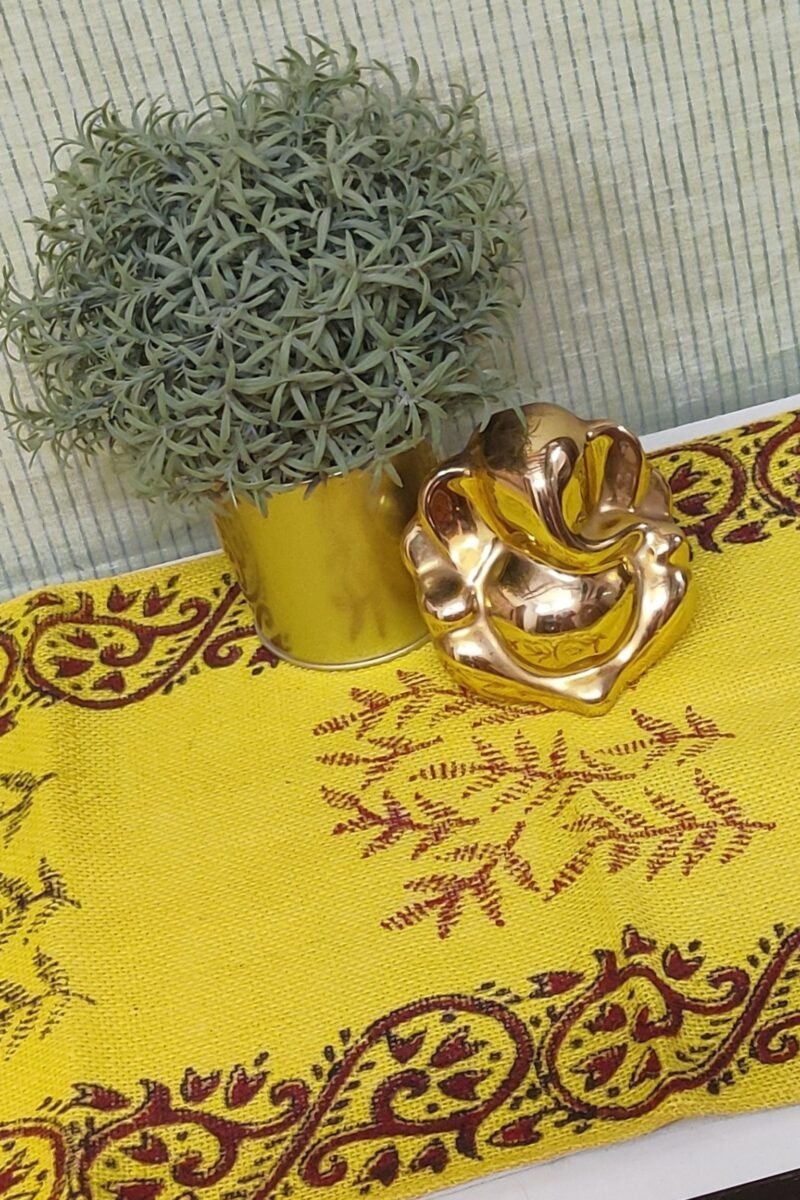 Rustic Runners: Yellow and Red Block Printed Natural Jute Cotton Runner 14" X 59" - Image 6