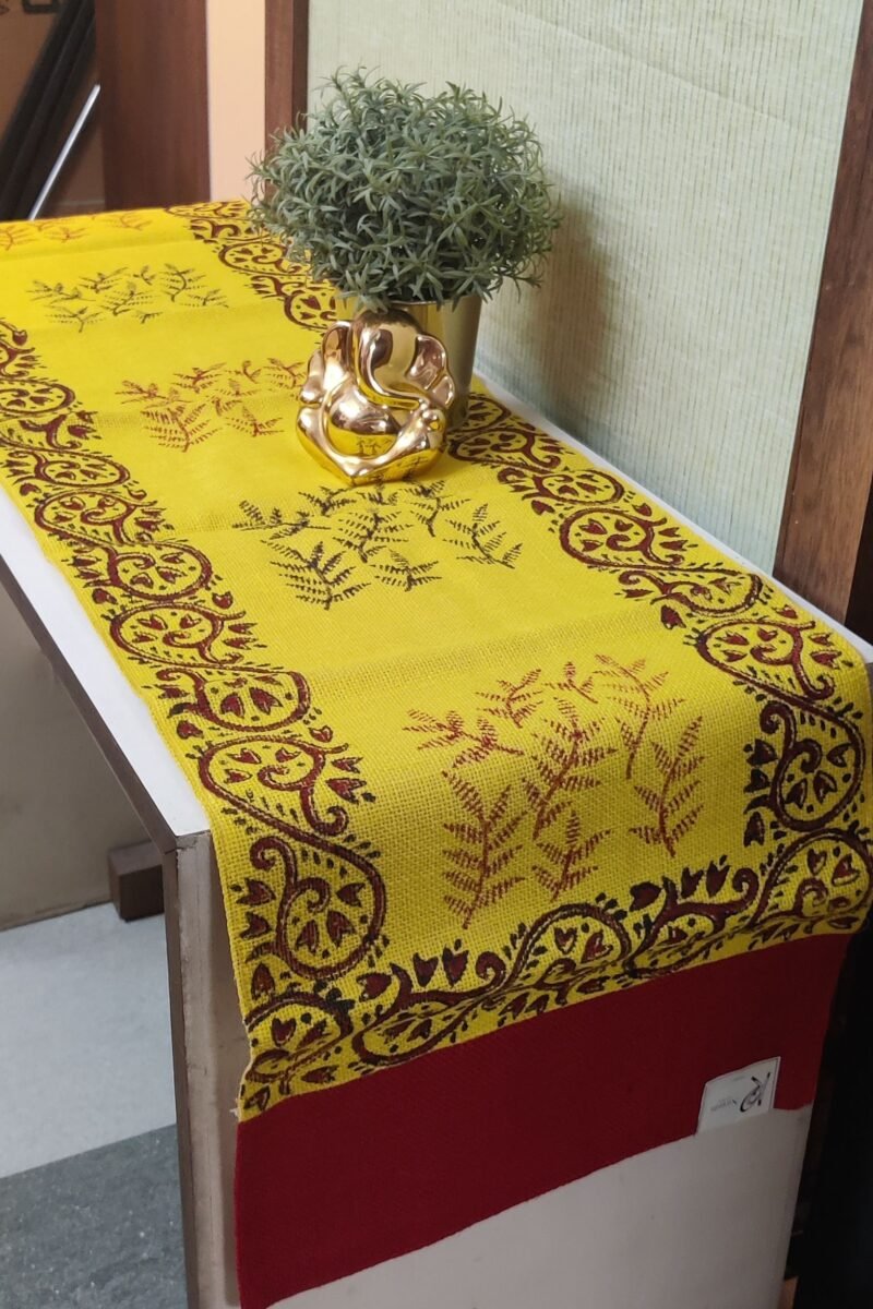 Rustic Runners: Yellow and Red Block Printed Natural Jute Cotton Runner 14" X 59"