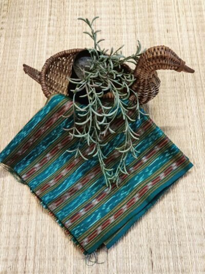 Green Orange Sambalpuri Ikkat Cotton Blouse Piece with Multistripe Pattern