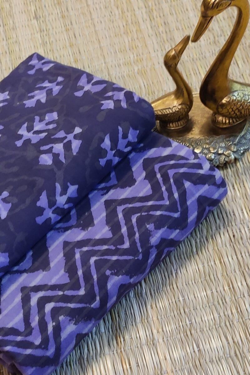 Suit stories - Dark Purple Zigzag Elegance Handblock Mulmul Cotton Suit Set - Image 2