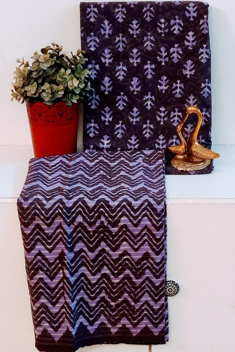 Suit stories - Dark Purple Zigzag Elegance Handblock Mulmul Cotton Suit Set