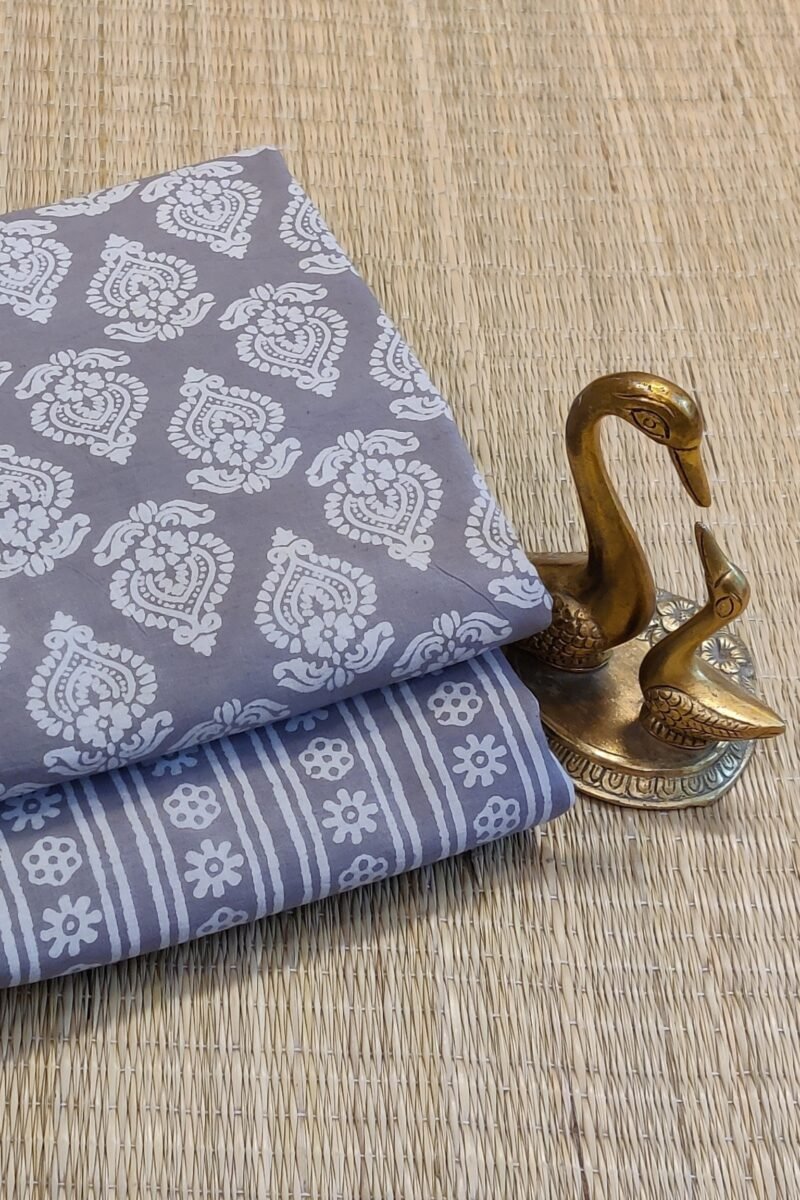 Suit stories - Grey Artistic Charm Handblock Mulmul Cotton Suit Set - Image 2