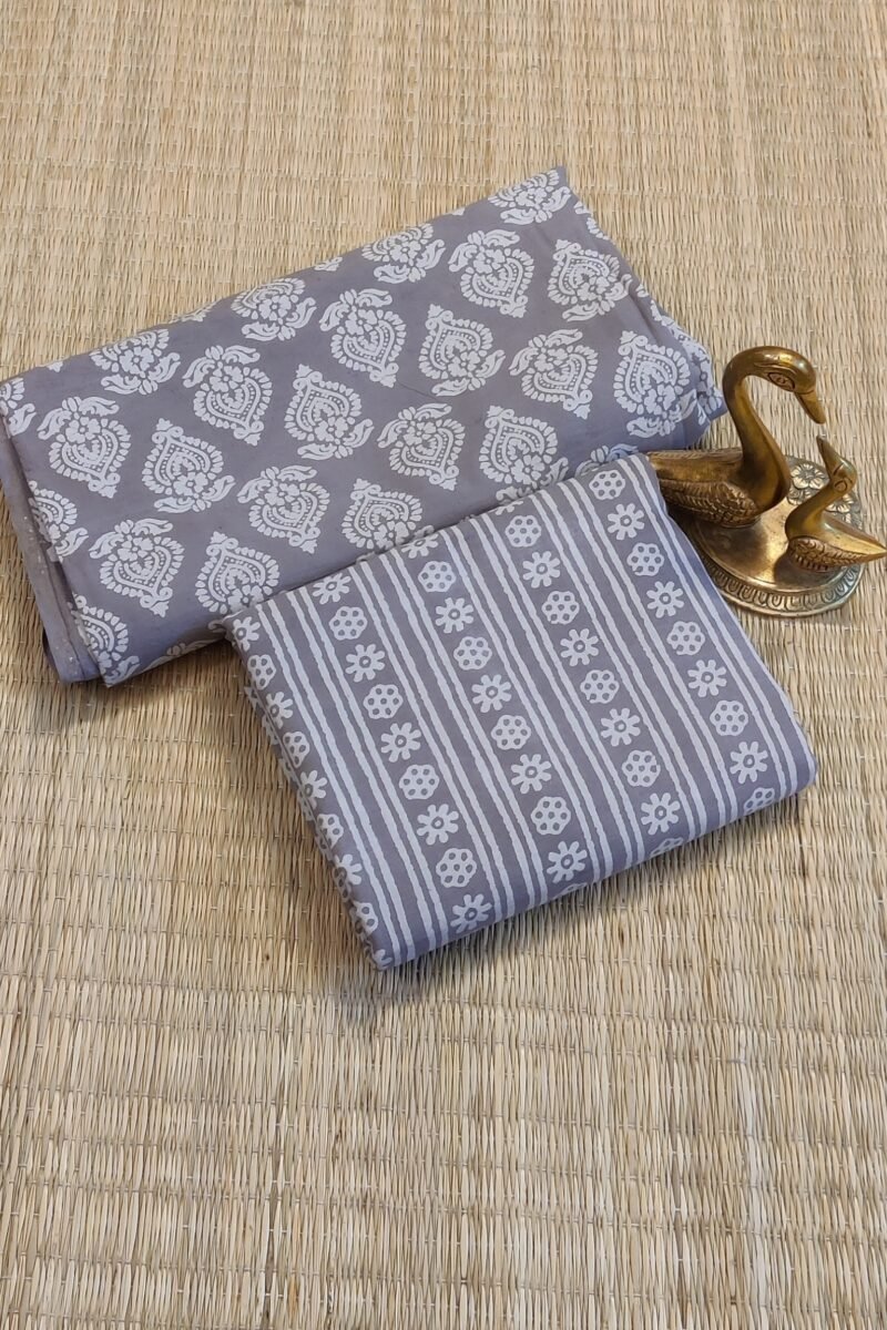 Suit stories - Grey Artistic Charm Handblock Mulmul Cotton Suit Set - Image 3
