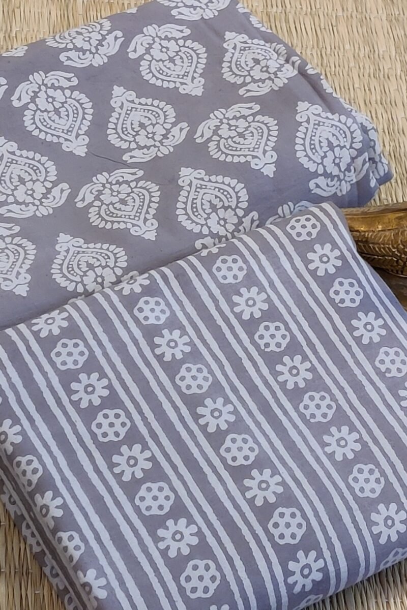 Suit stories - Grey Artistic Charm Handblock Mulmul Cotton Suit Set - Image 4