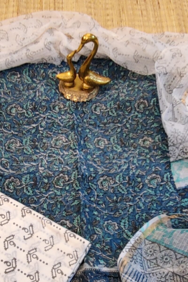 Suit stories - Peacock Blue Floral Creeper Kota Cotton Suit Set - Image 3