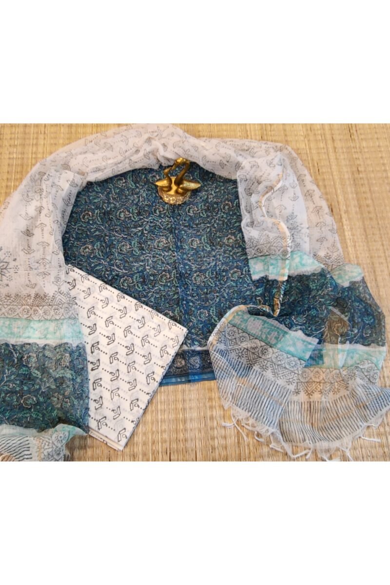Suit stories - Peacock Blue Floral Creeper Kota Cotton Suit Set
