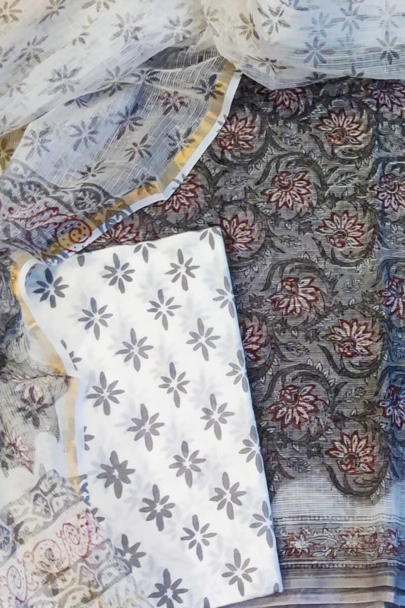 Suit stories - Grey and Red Floral Delight Kota Cotton Suit Set - Image 2