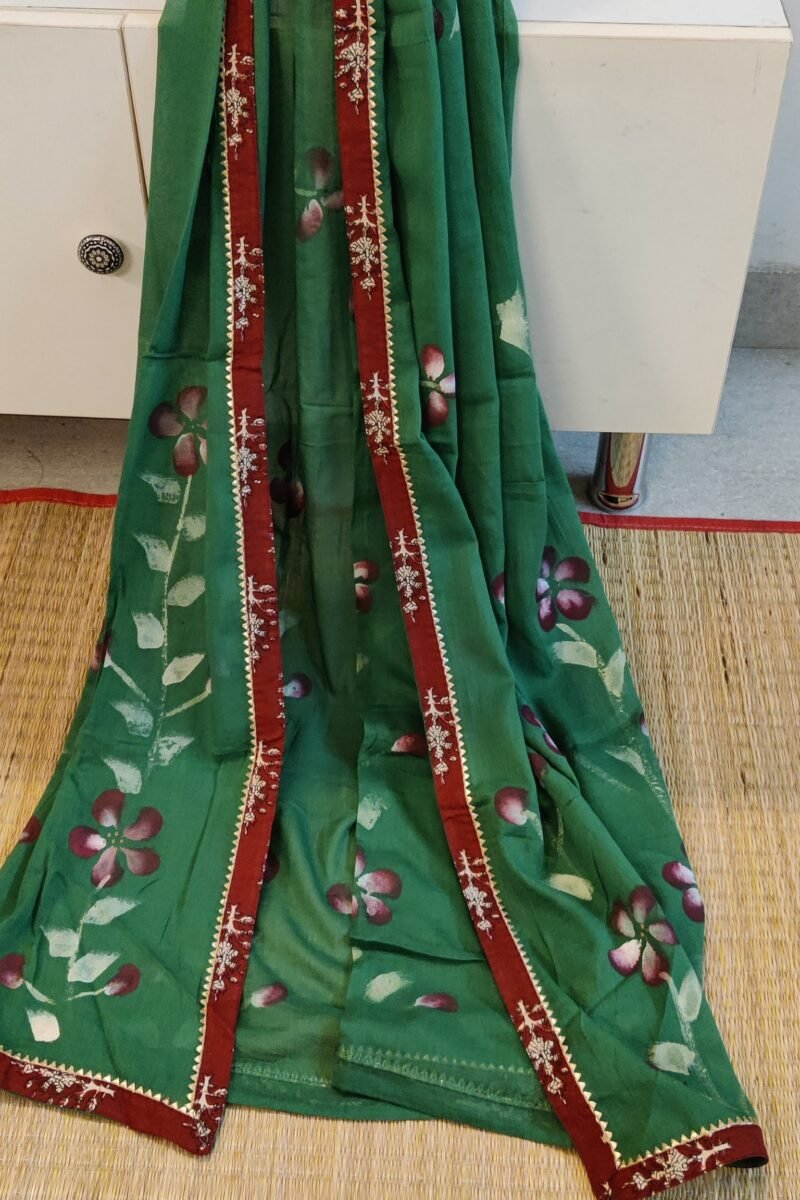 Suit stories - Dark Brown & Green Leaf Print Mulmul Cotton Suit Set with Gota Patti - Image 6