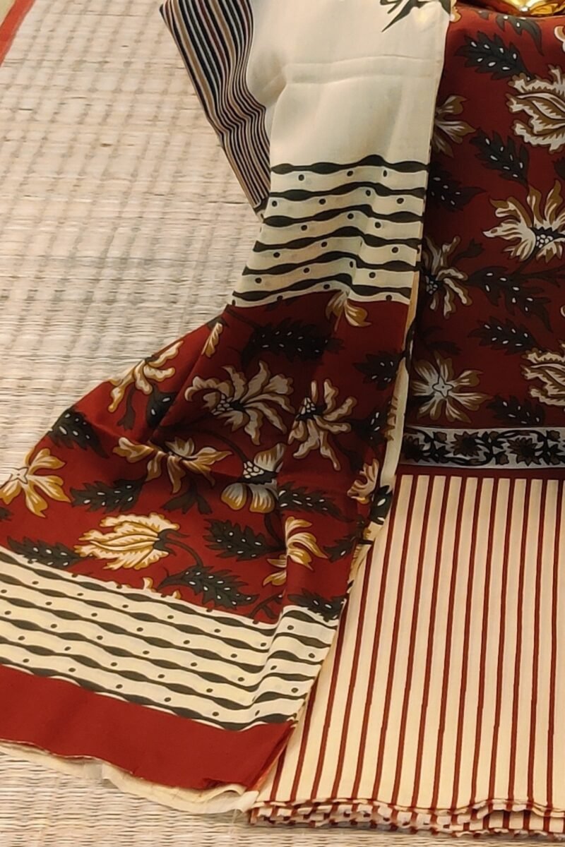 Suit stories - Maroon and Cream Artistic Creaper Mulmul Cotton Suit Set - Image 2