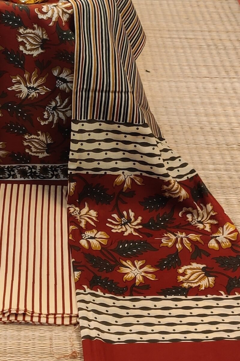 Suit stories - Maroon and Cream Artistic Creaper Mulmul Cotton Suit Set - Image 3